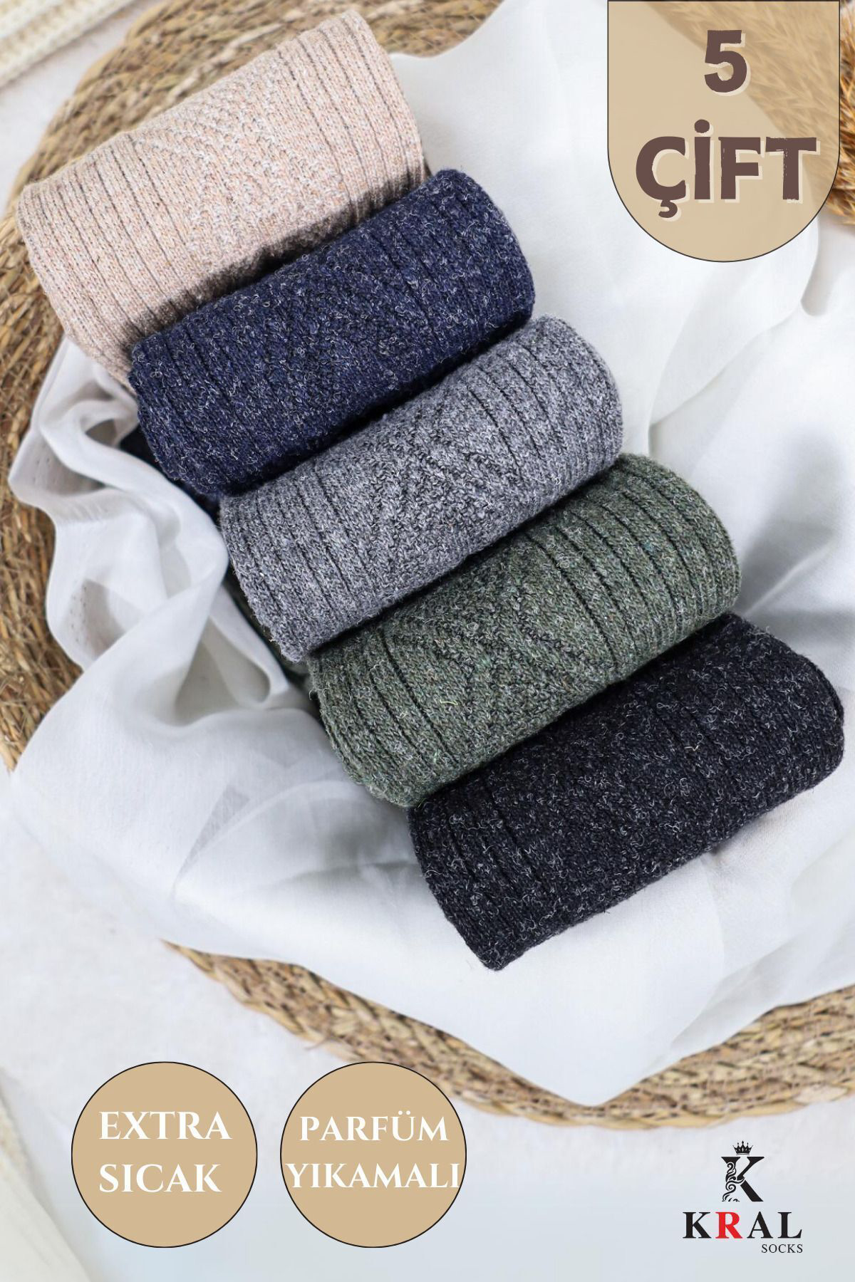 Kral Socks Erkek Kişlik (5 Çift) Lambswool Yün Çorap Termal Etkili Dikişsiz
