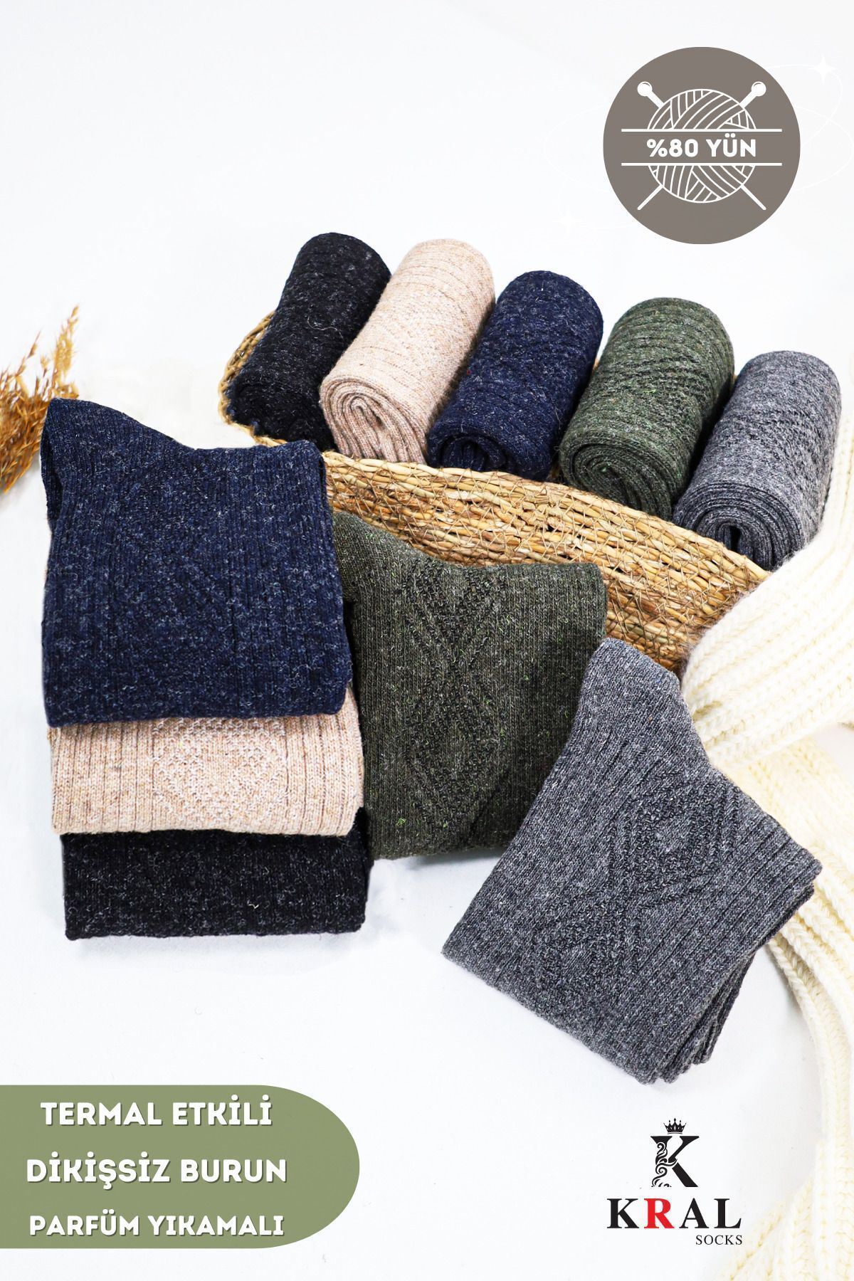 Kral Socks Erkek Kişlik (5 Çift) Lambswool Yün Çorap Termal Etkili Dikişsiz
