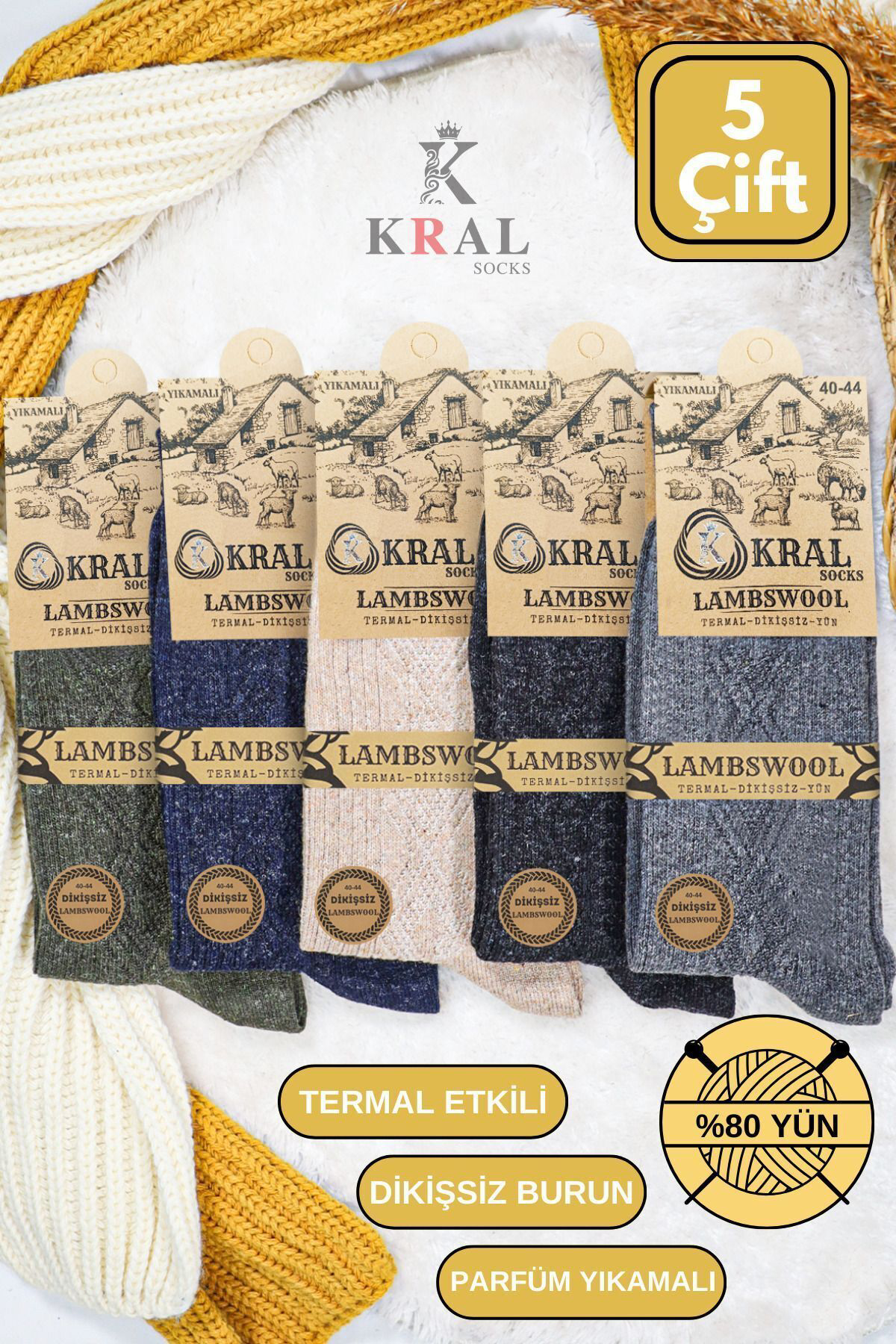 Kral Socks Erkek Kişlik (5 Çift) Lambswool Yün Çorap Termal Etkili Dikişsiz
