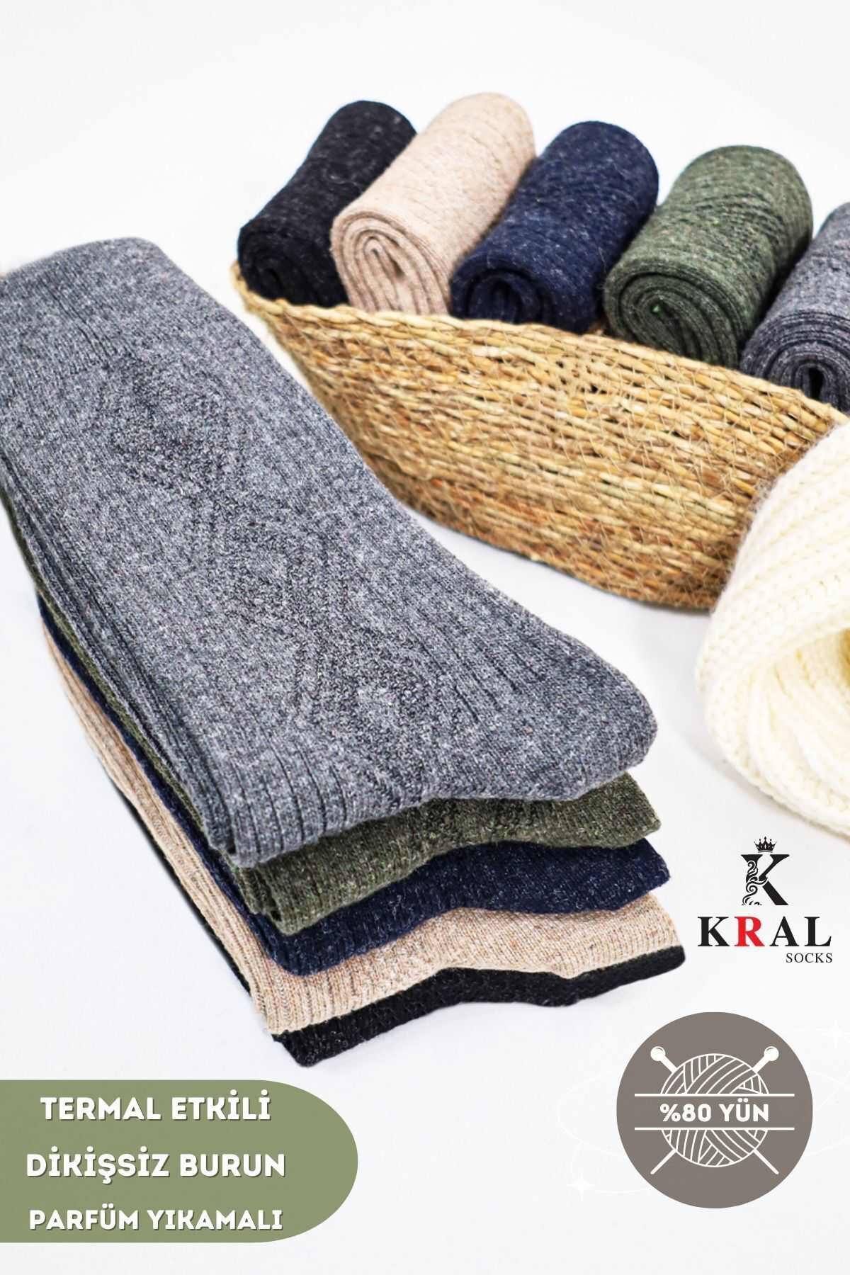 Kral Socks Erkek Kişlik (5 Çift) Lambswool Yün Çorap Termal Etkili Dikişsiz