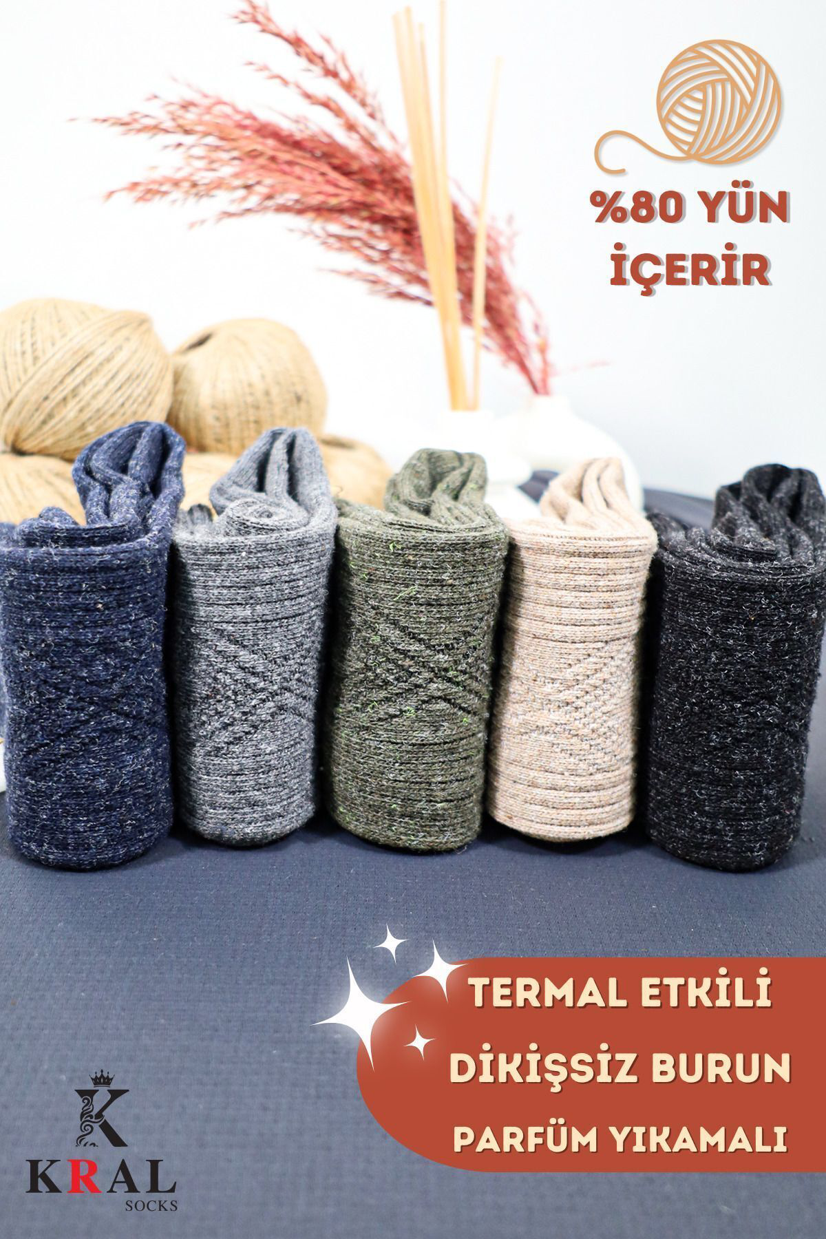 Kral Socks Erkek Kişlik (5 Çift) Lambswool Yün Çorap Termal Etkili Dikişsiz