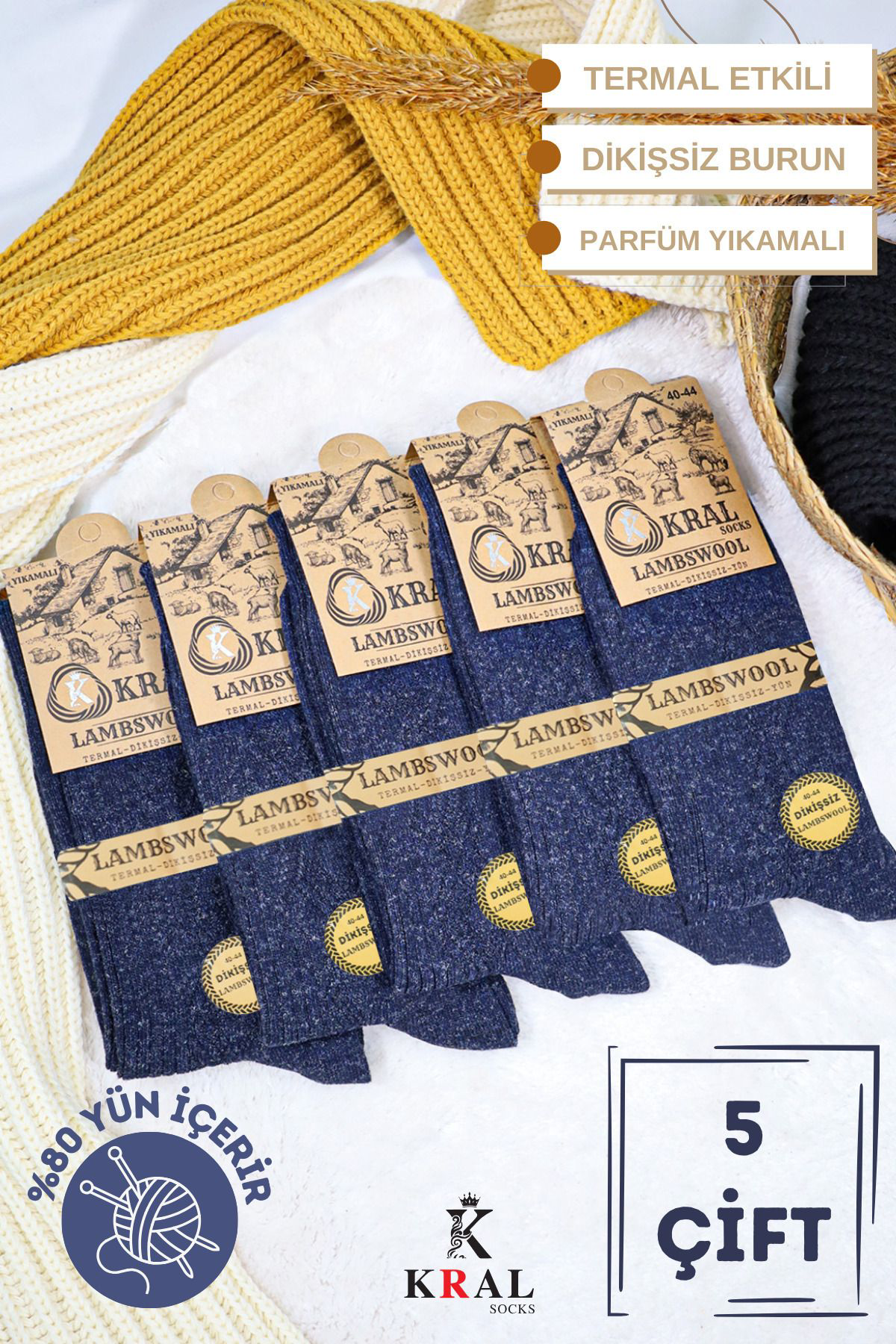 Kral Socks Erkek Kişlik Termal Etkili (5'Li Paket) Lambswool Kuzu Yün Çorap