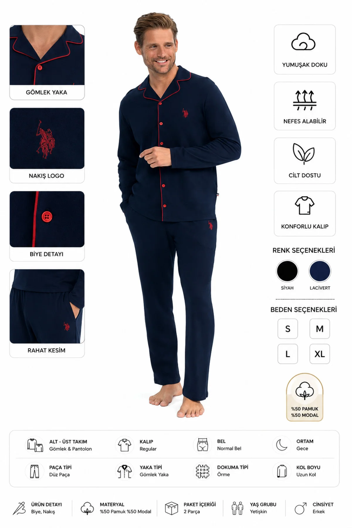 Erkek Klasik Pijama Takımı Pamuk Modal Karışımlı Düğmeli Takım