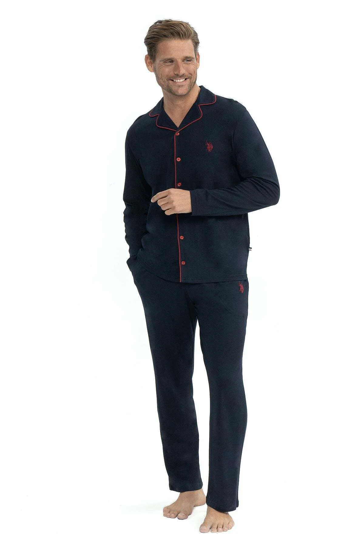 Erkek Klasik Pijama Takımı Pamuk Modal Karışımlı Düğmeli Takım