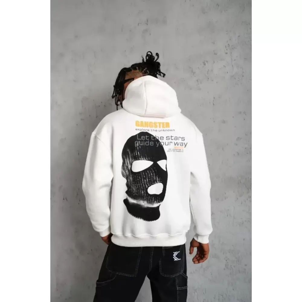 Erkek Kordonlu Maske Baskılı Kapüşonlu Sweat - Beyaz