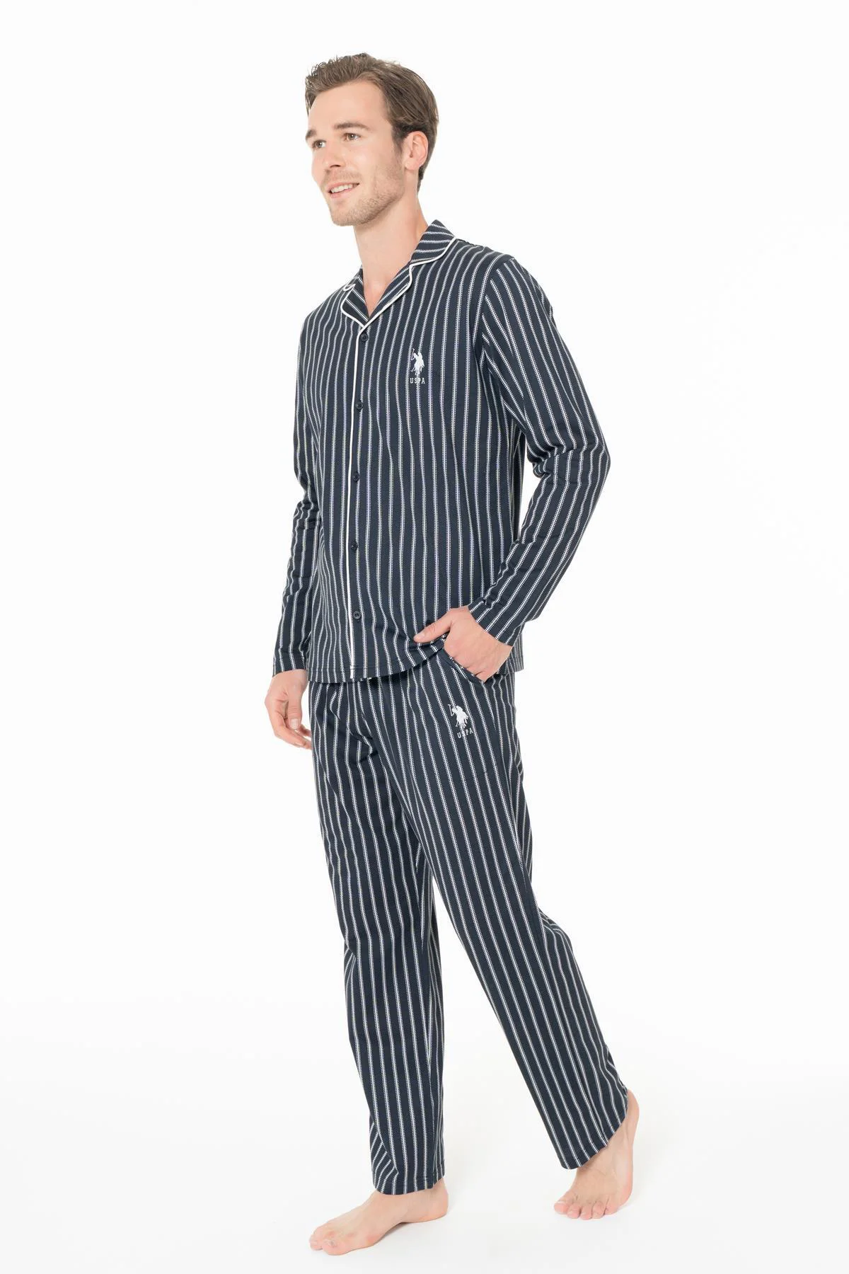 Erkek Lacivert Çizgili Gömlek Pijama Takım, %100 pamuk