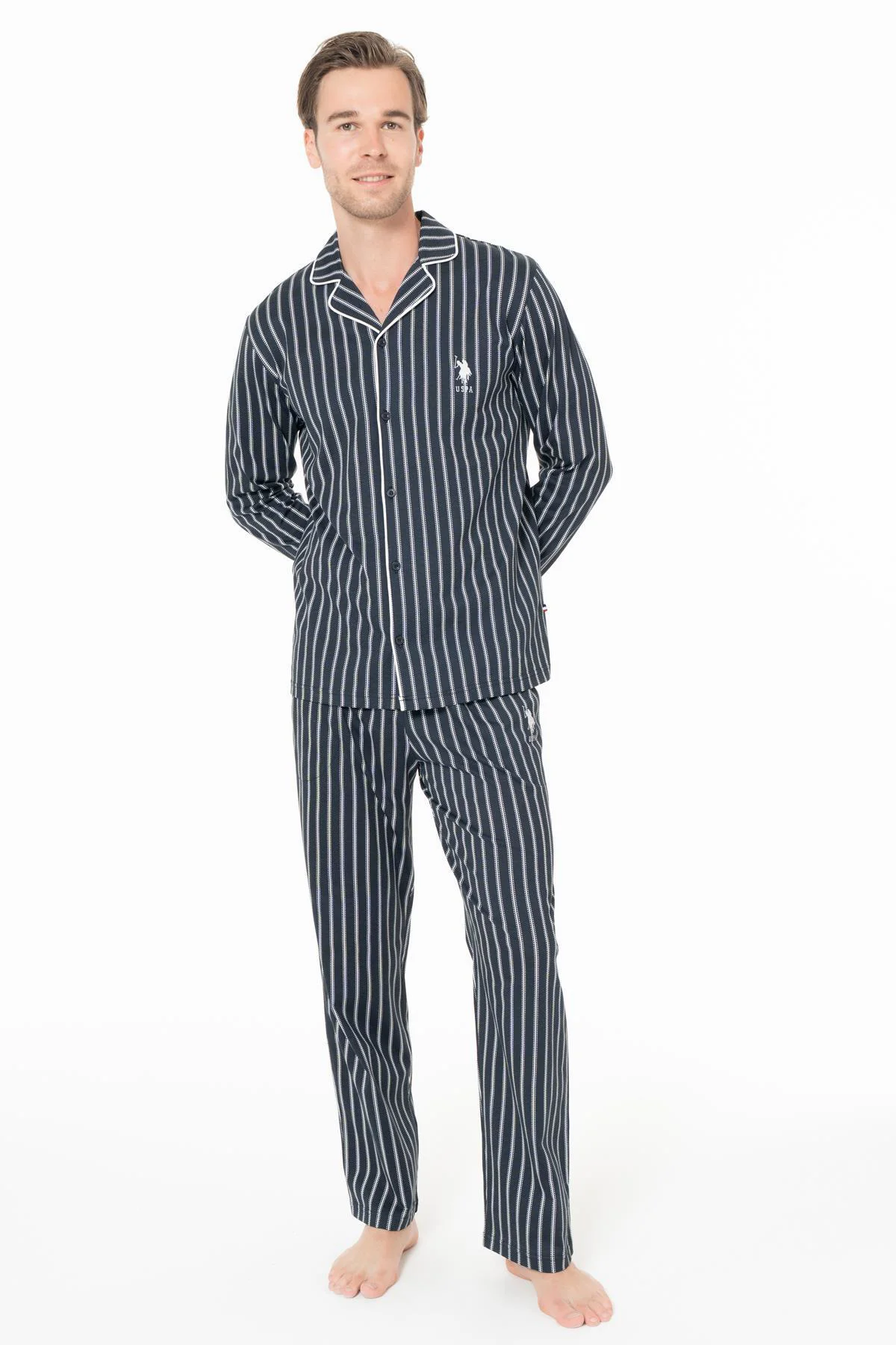 Erkek Lacivert Çizgili Gömlek Pijama Takım, %100 pamuk