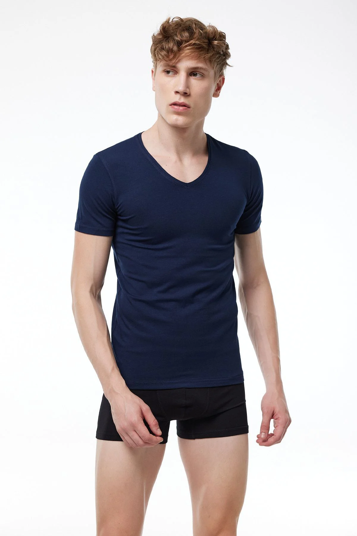Erkek Lacivert V Yaka Kısa Kollu Modal T-shirt Body 032