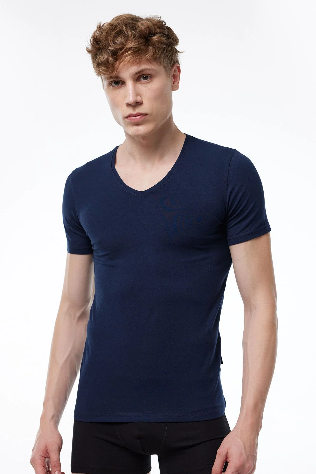 Erkek Lacivert V Yaka Kısa Kollu Modal T-shirt Body 032