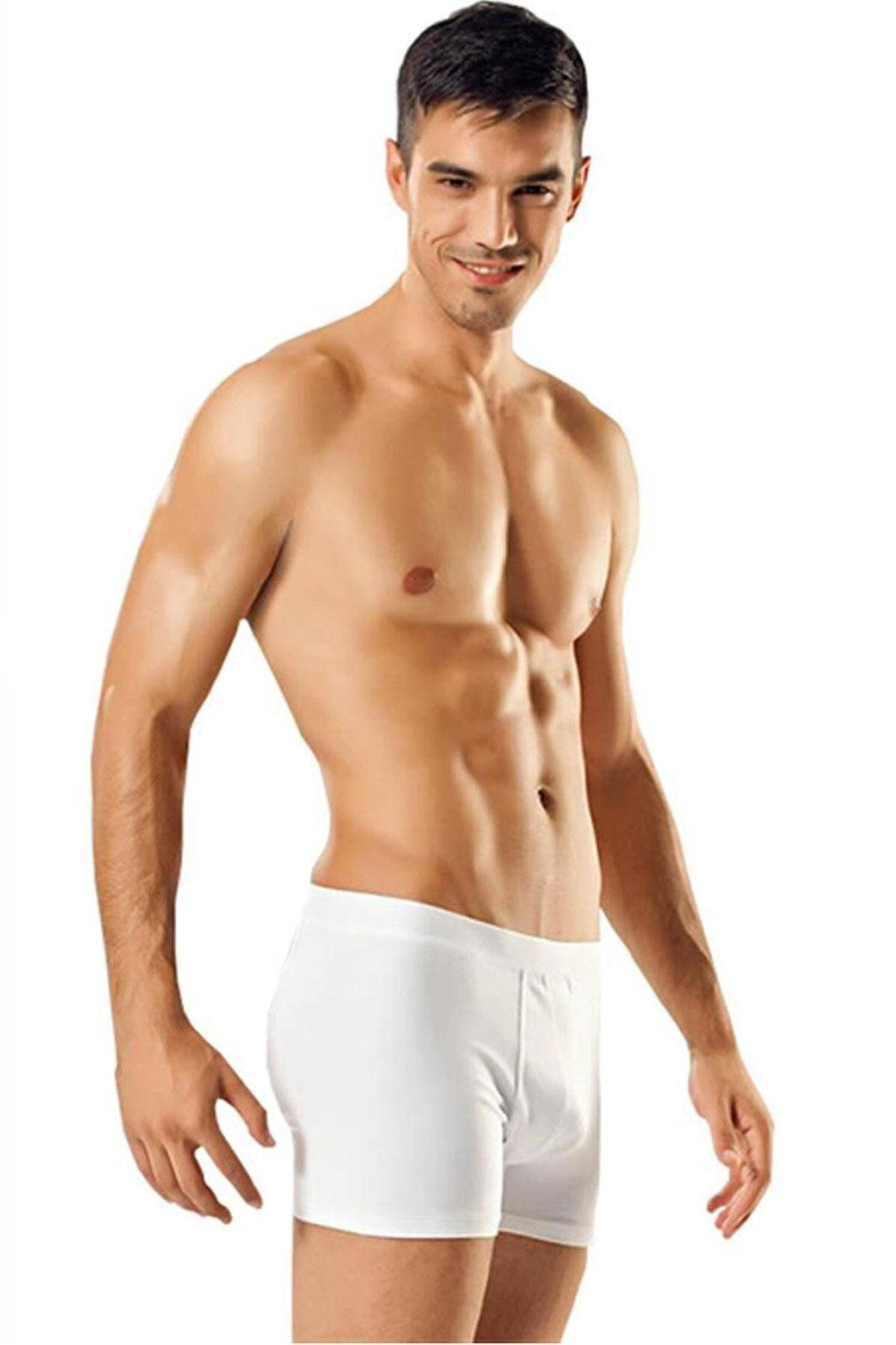 Erkek Likralı Elastan Boxer Beyaz Renk 3'lü Paket
