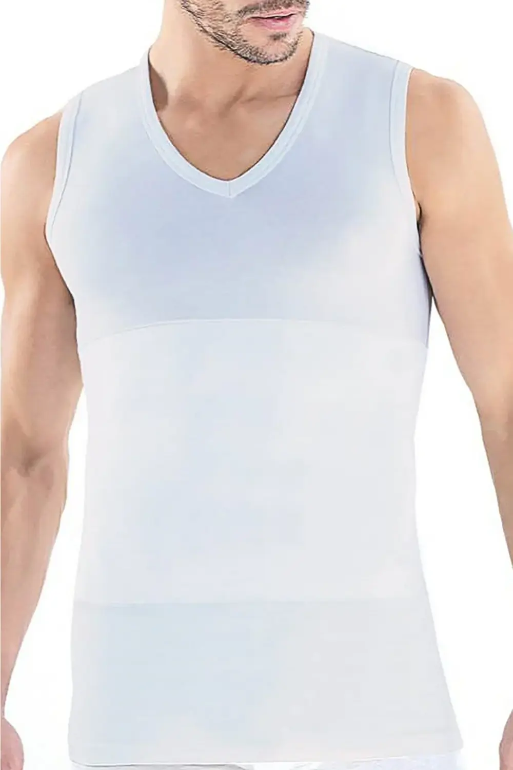 Erkek Modal V Yaka Sıfır Kol Kolsuz Korse Atlet Body Beyaz