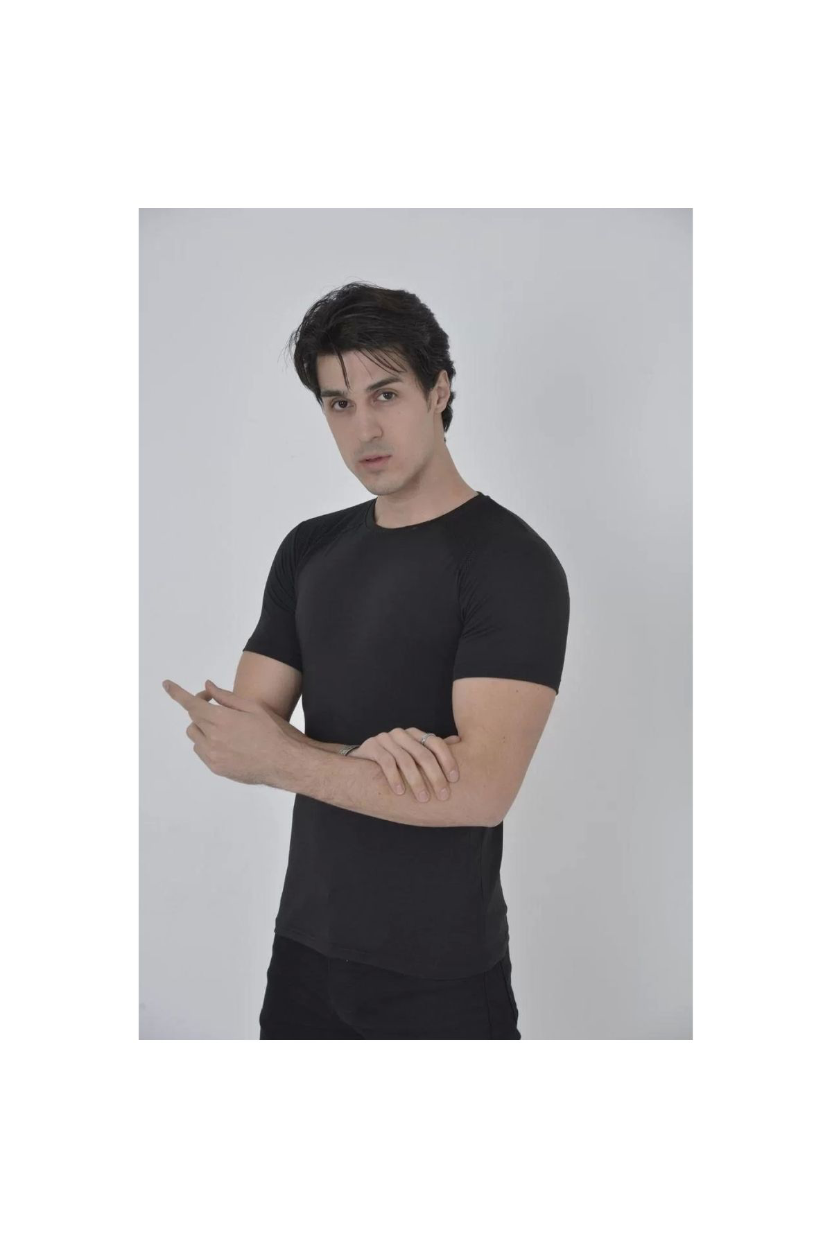 Erkek Omuz Fileli Slim Fit T-shirt - Siyah