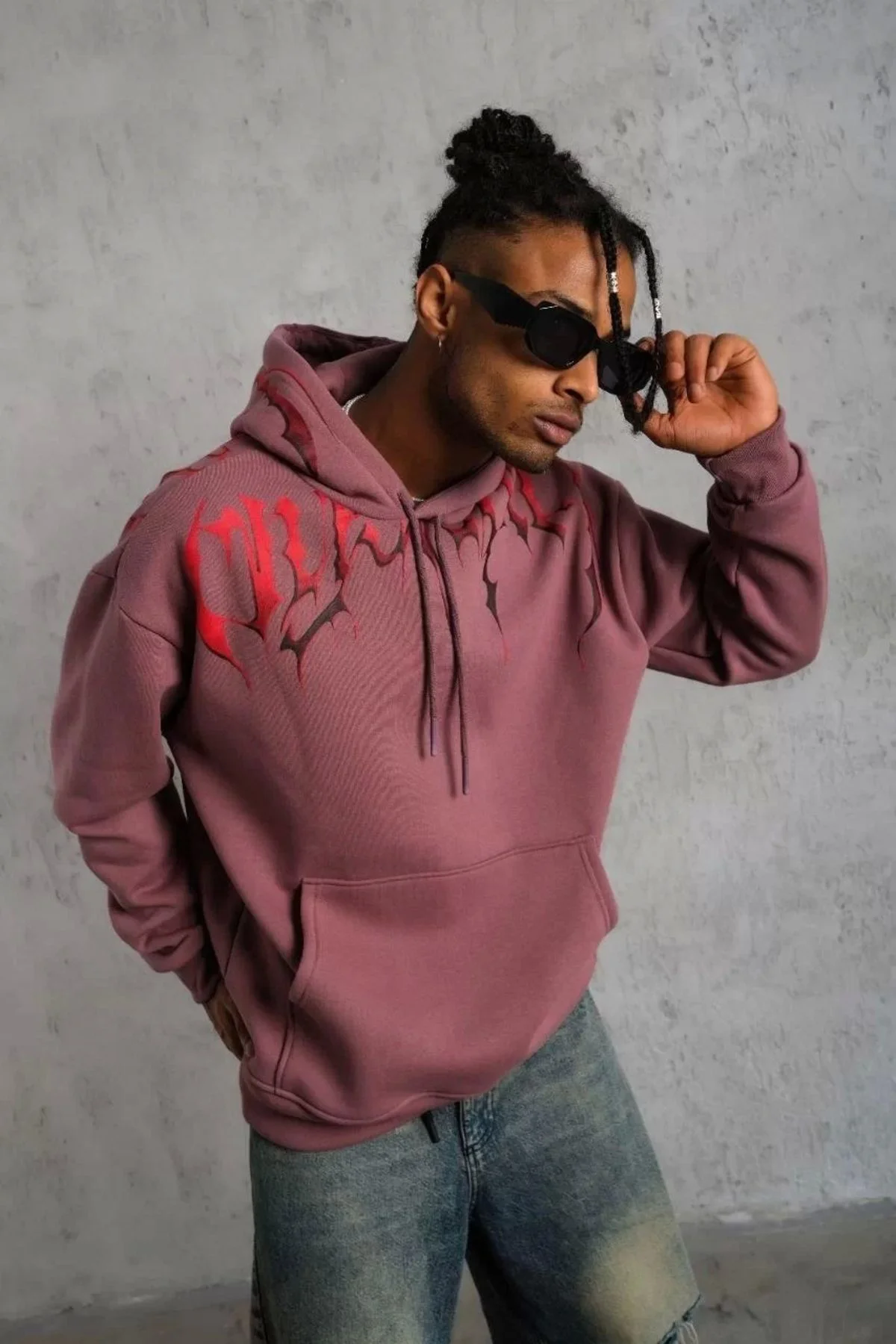 Erkek Ön ve Arka Baskılı Kapüşonlu 3 İplik Sweatshirt - Gül Kurus