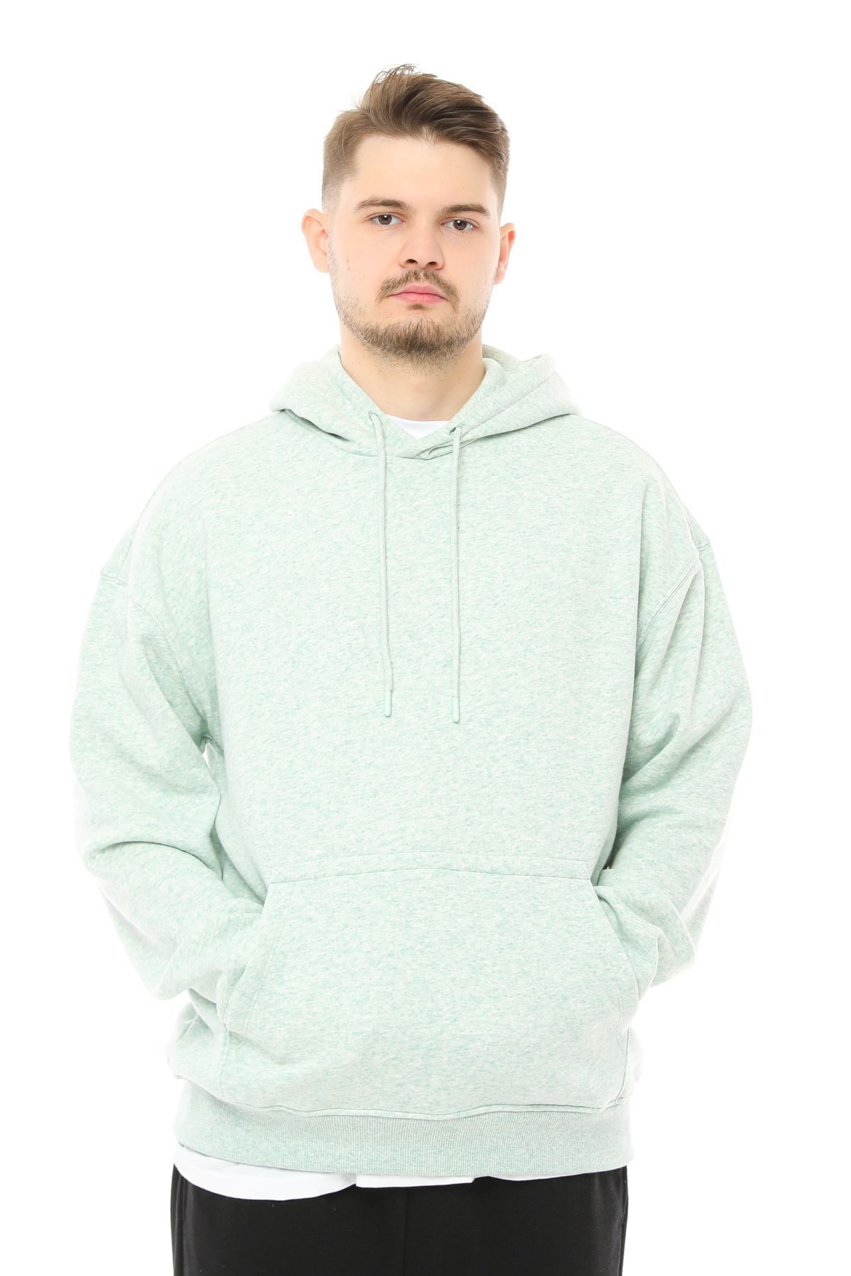 Defys Erkek Kapüşonlu Şardonlu Oversize Basic Sweatshirt Bej