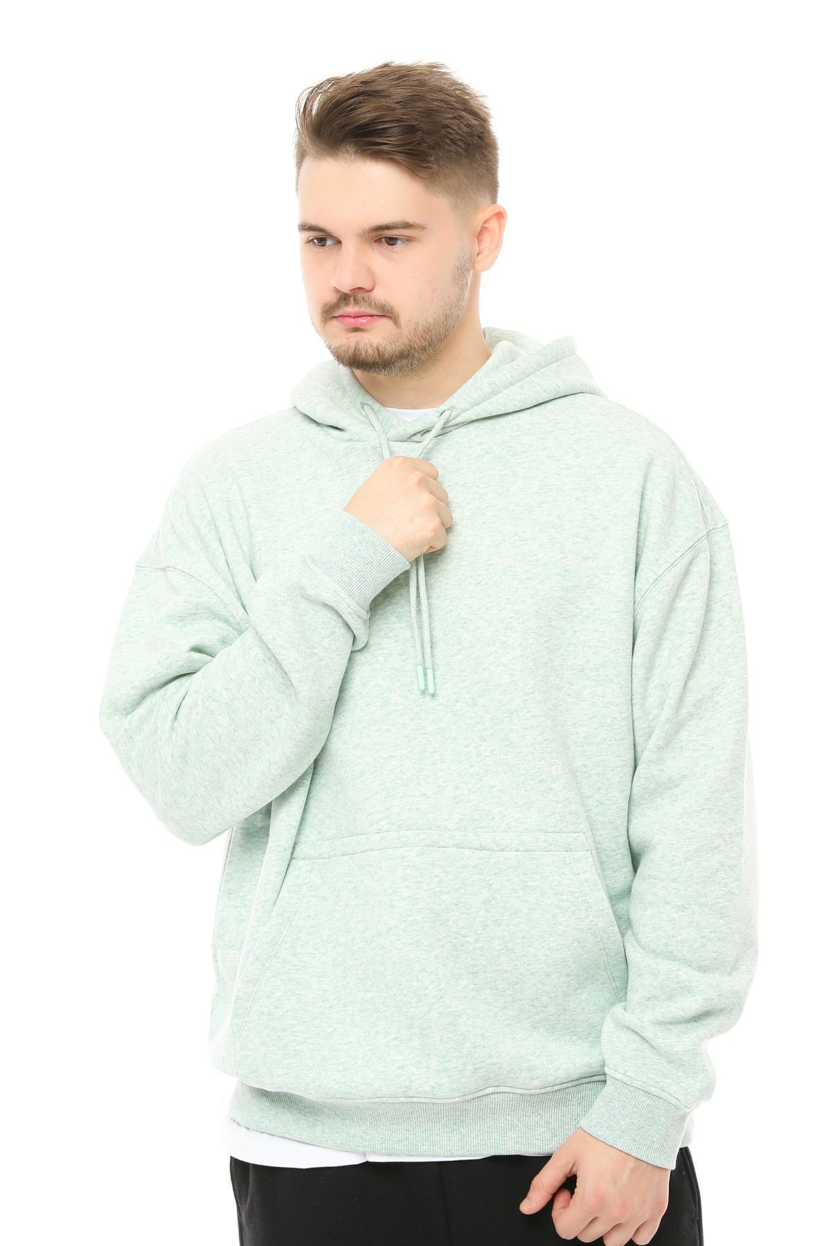 Erkek Kapüşonlu Şardonlu Oversize Basic Sweatshirt Bej