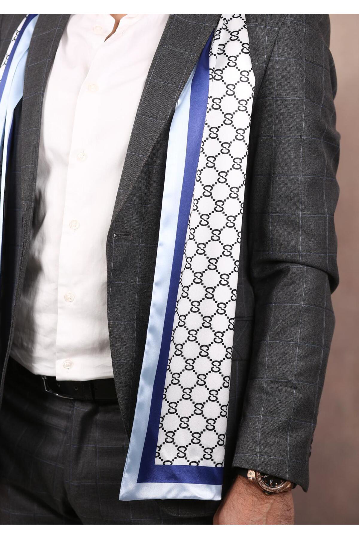 Erkek Özel Desenli Atkılar Mavi Beyaz Desenli