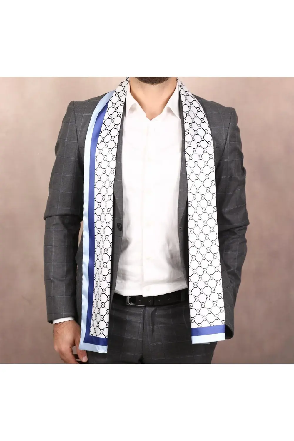 Erkek Özel Desenli Atkılar Mavi Beyaz Desenli