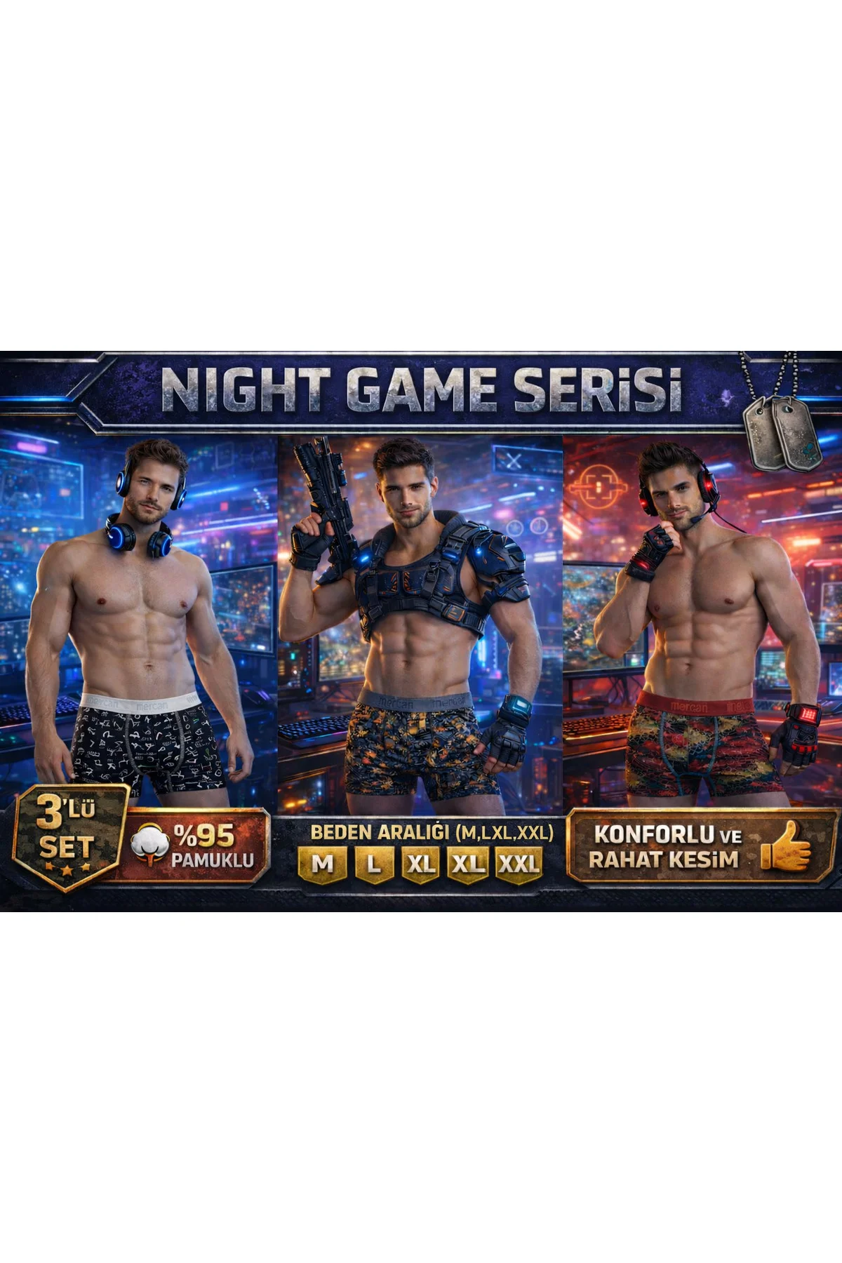 ERKEK PAMUKLU BOXER 3'lü SET - NIGHT GAME SERİSİ, RAHAT KESİM