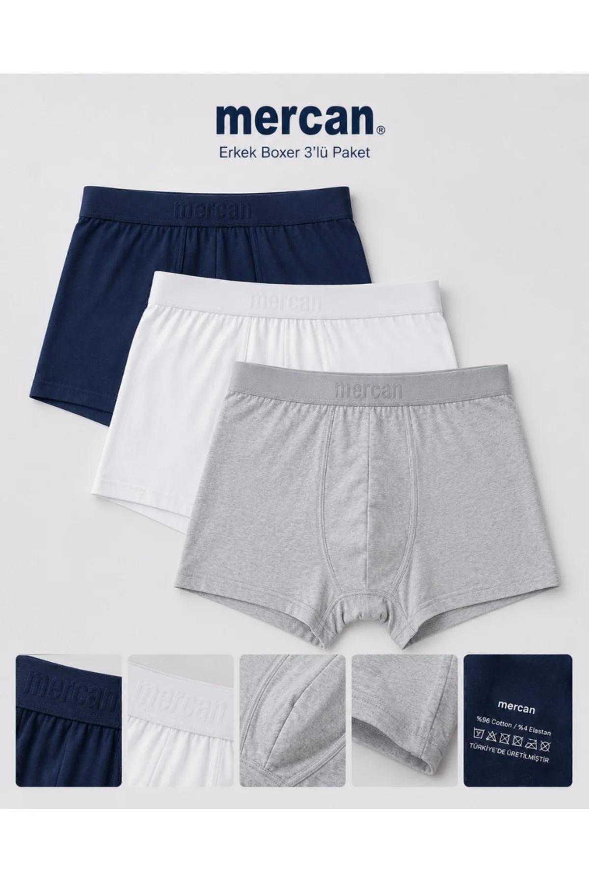 Erkek Pamuklu Penye Boxer 3'lü SPORTİF Set MAVİ-BEYAZ-GRİ Fiyatı, Yorumları ve Özellikleri
