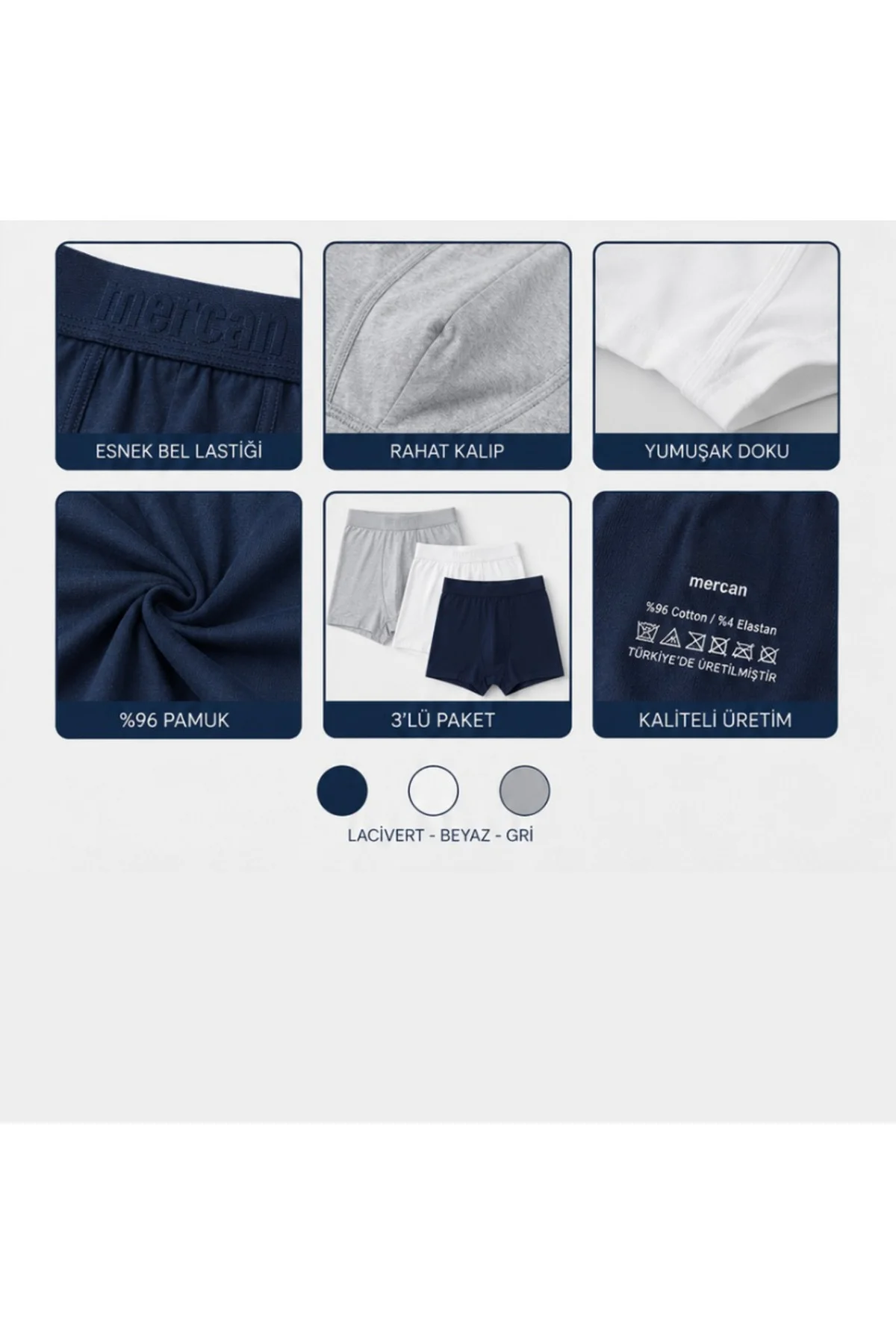 Erkek Pamuklu Penye Boxer 3'lü SPORTİF Set MAVİ-BEYAZ-GRİ Fiyatı, Yorumları ve Özellikleri