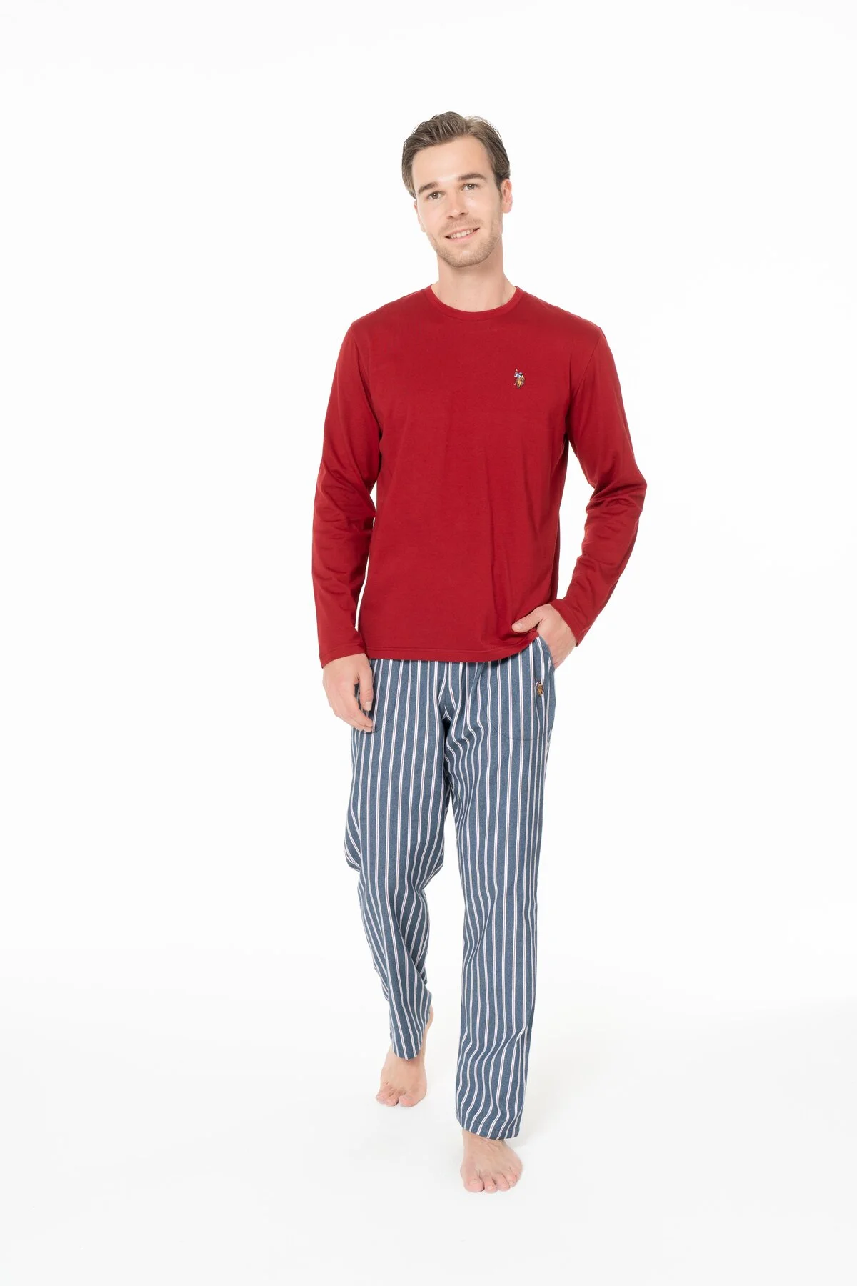 Erkek Pamuklu Uzun Kollu Pijama Takımı Bisiklet Yaka Çizgili Alt 2 Parça 18E977 Erkek Pamuklu Uzun Kollu Pijama Takımı Bisiklet Yaka Çizgili Alt 2 Parça 18E977 - Görsel 3