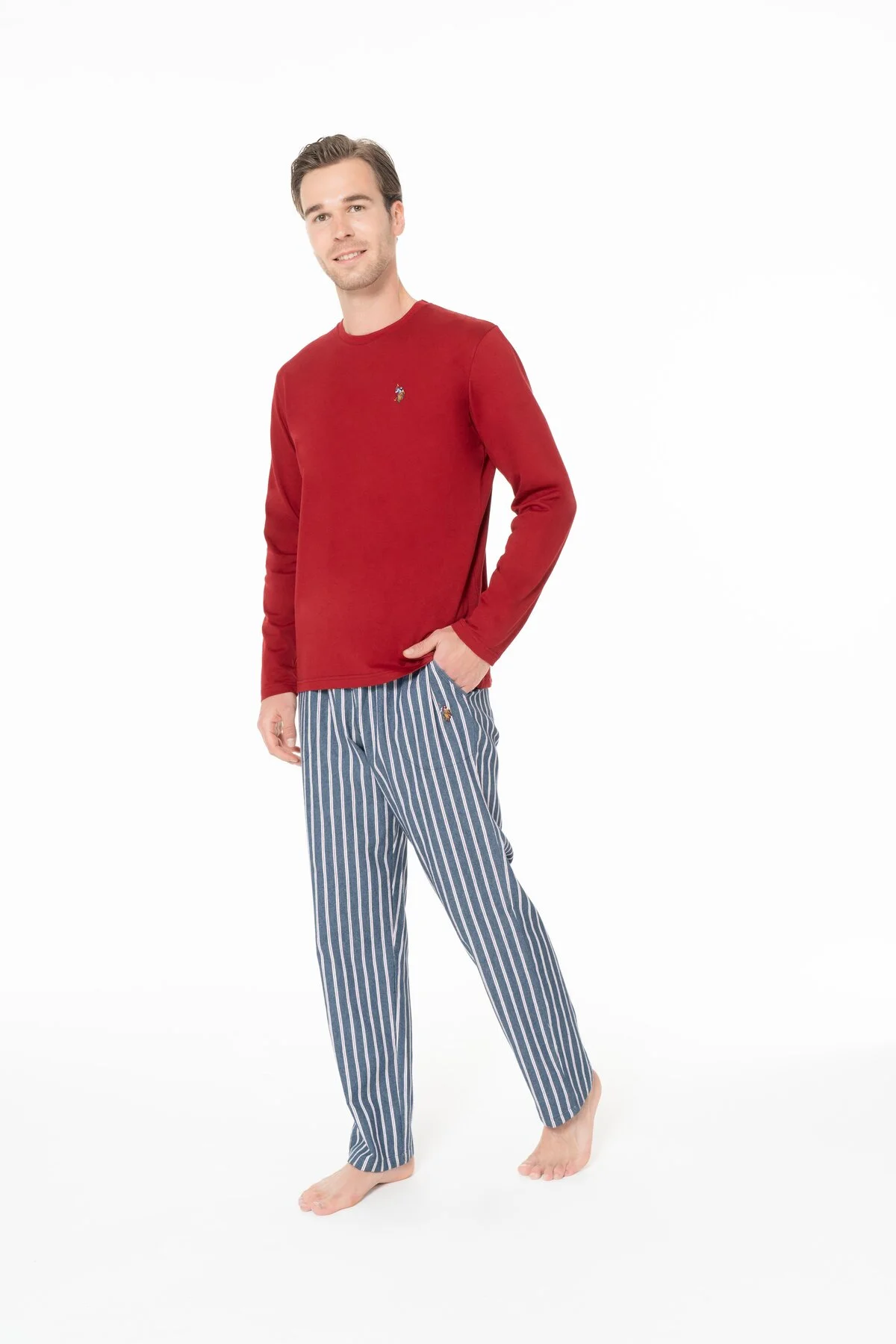 Erkek Pamuklu Uzun Kollu Pijama Takımı Bisiklet Yaka Çizgili Alt 2 Parça 18E977 Erkek Pamuklu Uzun Kollu Pijama Takımı Bisiklet Yaka Çizgili Alt 2 Parça 18E977 - Görsel 4