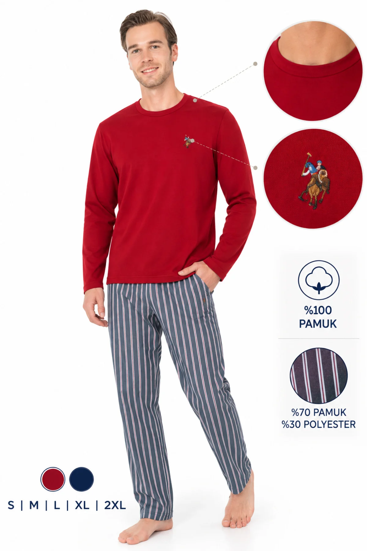 Erkek Pamuklu Uzun Kollu Pijama Takımı Bisiklet Yaka Çizgili Alt 2 Parça 18E977 Erkek Pamuklu Uzun Kollu Pijama Takımı Bisiklet Yaka Çizgili Alt 2 Parça 18E977