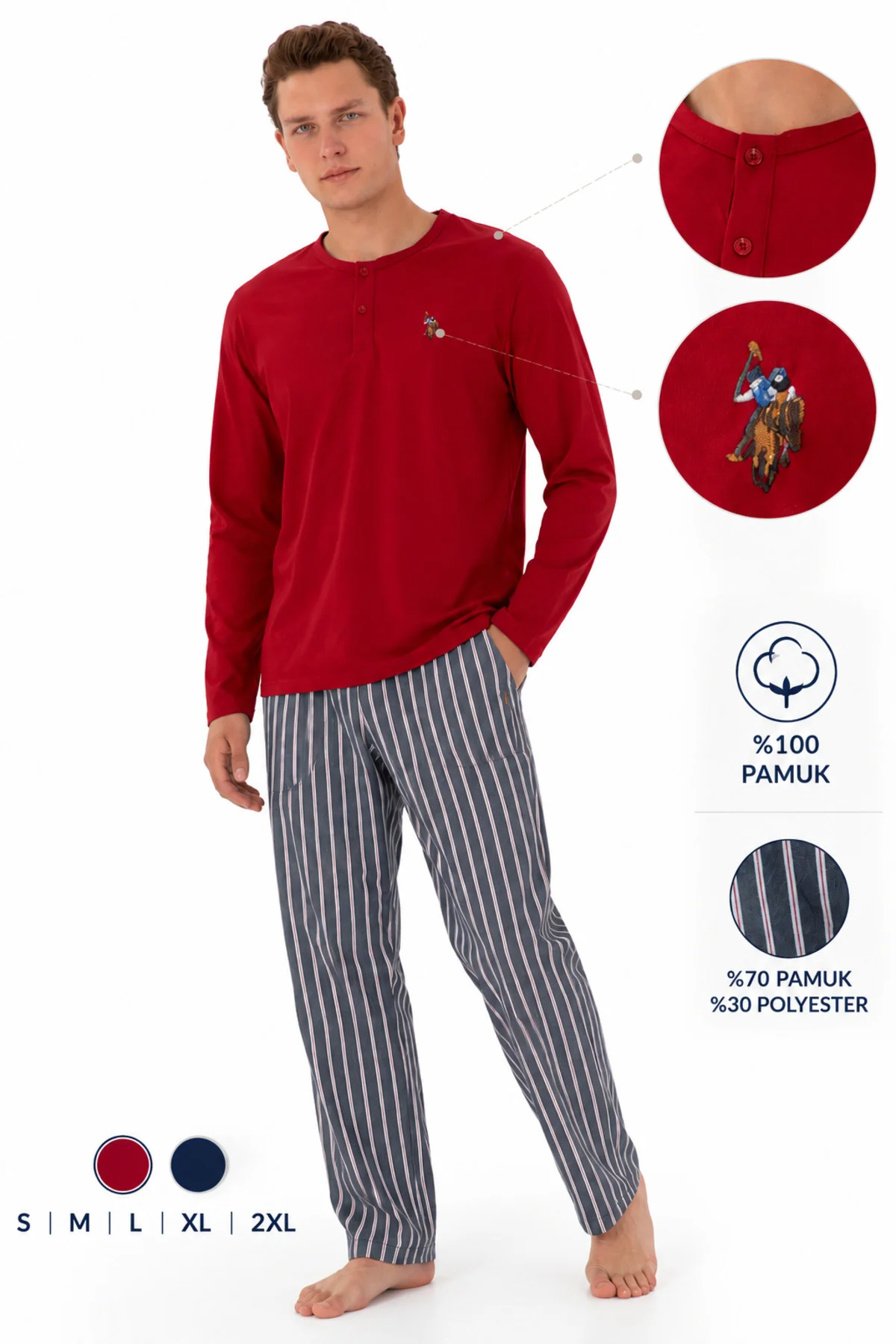 Erkek Pamuklu Uzun Kollu Pijama Takımı – Patlı Yuvarlak Yaka, Çizgili Alt, 2 Parça 18E987 Erkek Pamuklu Uzun Kollu Pijama Takımı – Patlı Yuvarlak Yaka, Çizgili Alt, 2 Parça 18E987