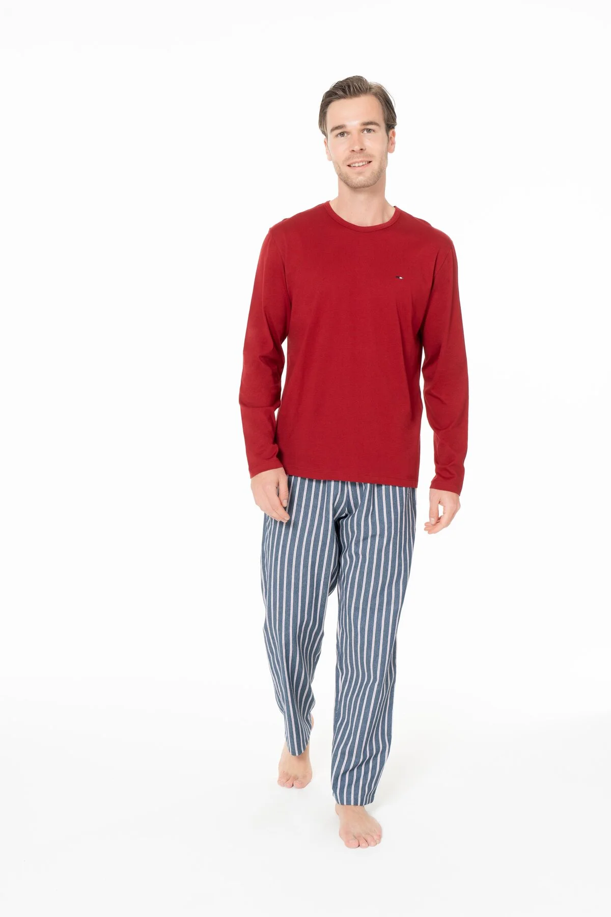 Erkek Pamuklu Uzun Kollu Pijama Takımı Bisiklet Yaka Çizgili Alt 2 Parça 18E977 Erkek Pamuklu Uzun Kollu Pijama Takımı Bisiklet Yaka Çizgili Alt 2 Parça 18E977 - Görsel 6