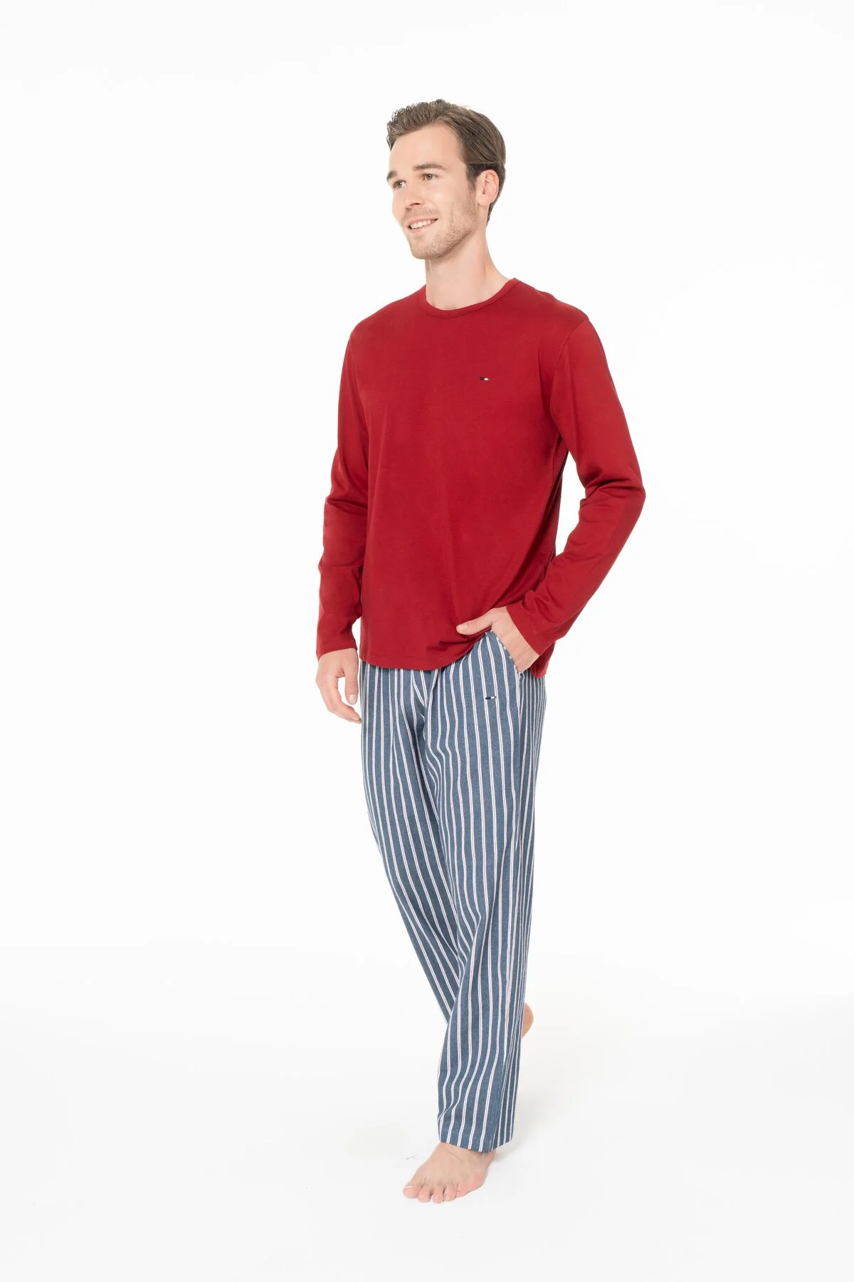 Erkek Pamuklu Uzun Kollu Pijama Takımı Bisiklet Yaka Çizgili Alt 2 Parça 18E977 Erkek Pamuklu Uzun Kollu Pijama Takımı Bisiklet Yaka Çizgili Alt 2 Parça 18E977 - Görsel 2