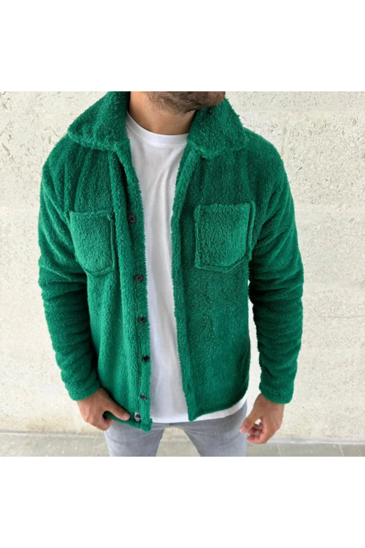 Erkek Pelüş Polar Hırka Gömlek – Yakalı, İlik Düğmeli, Göğüs Cepl