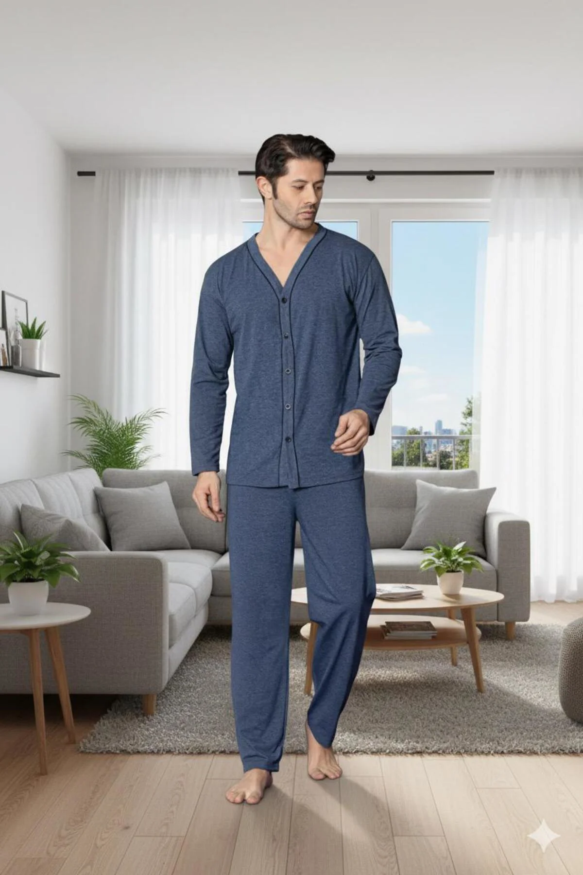 Erkek Petrol Mavisi Uzun Kollu Önden Düğmeli Süprem Kumaş Pijama Takımı