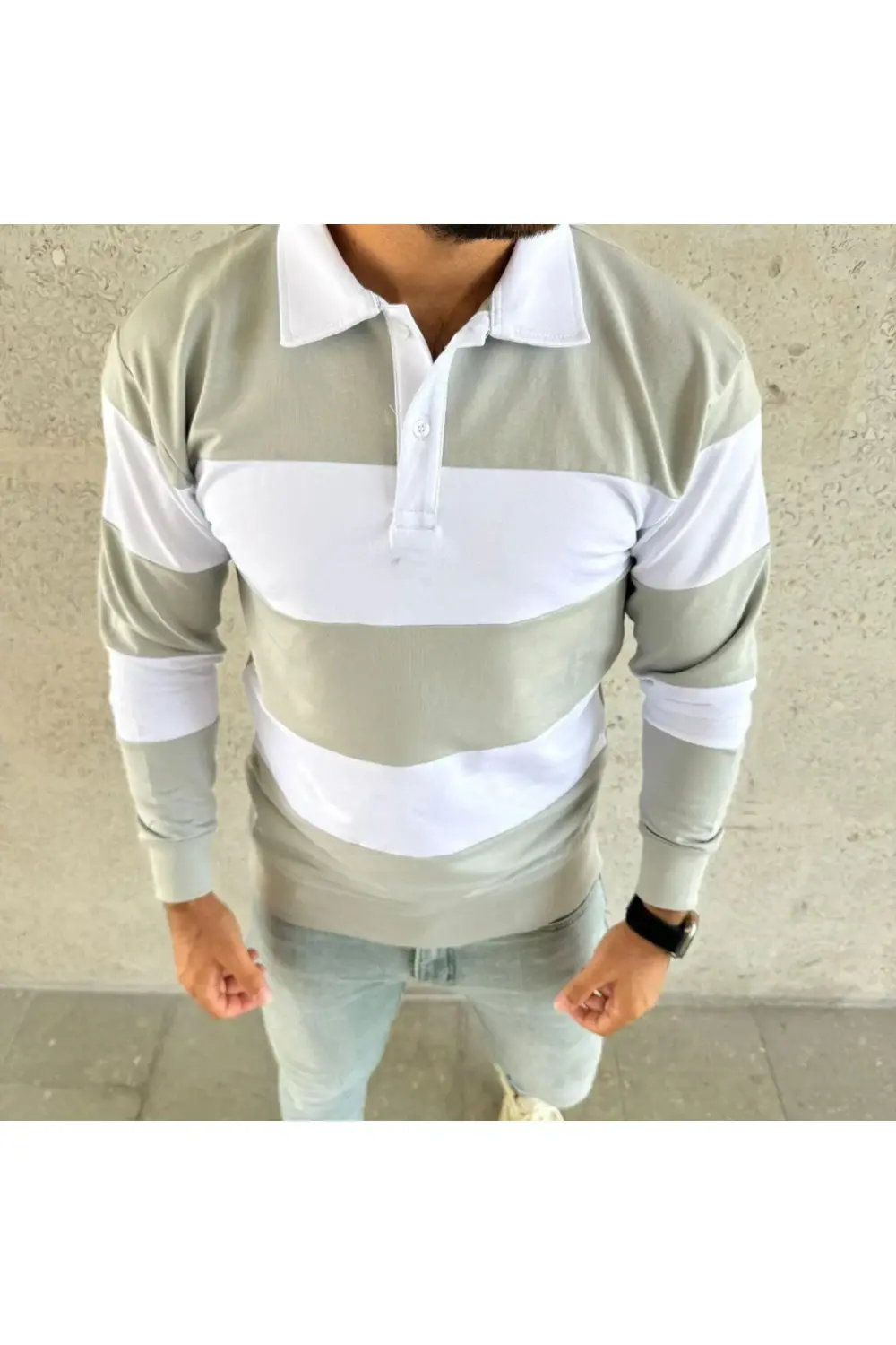 Erkek Polo Yaka Uzun Kollu Çizgili Sweatshirt Trend Rugby Stil -