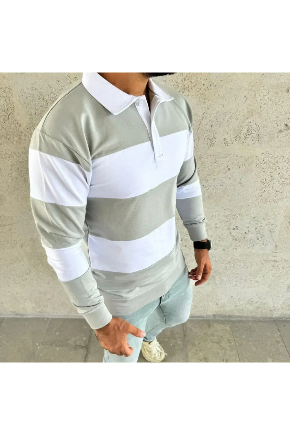 Erkek Polo Yaka Uzun Kollu Çizgili Sweatshirt Trend Rugby Stil -