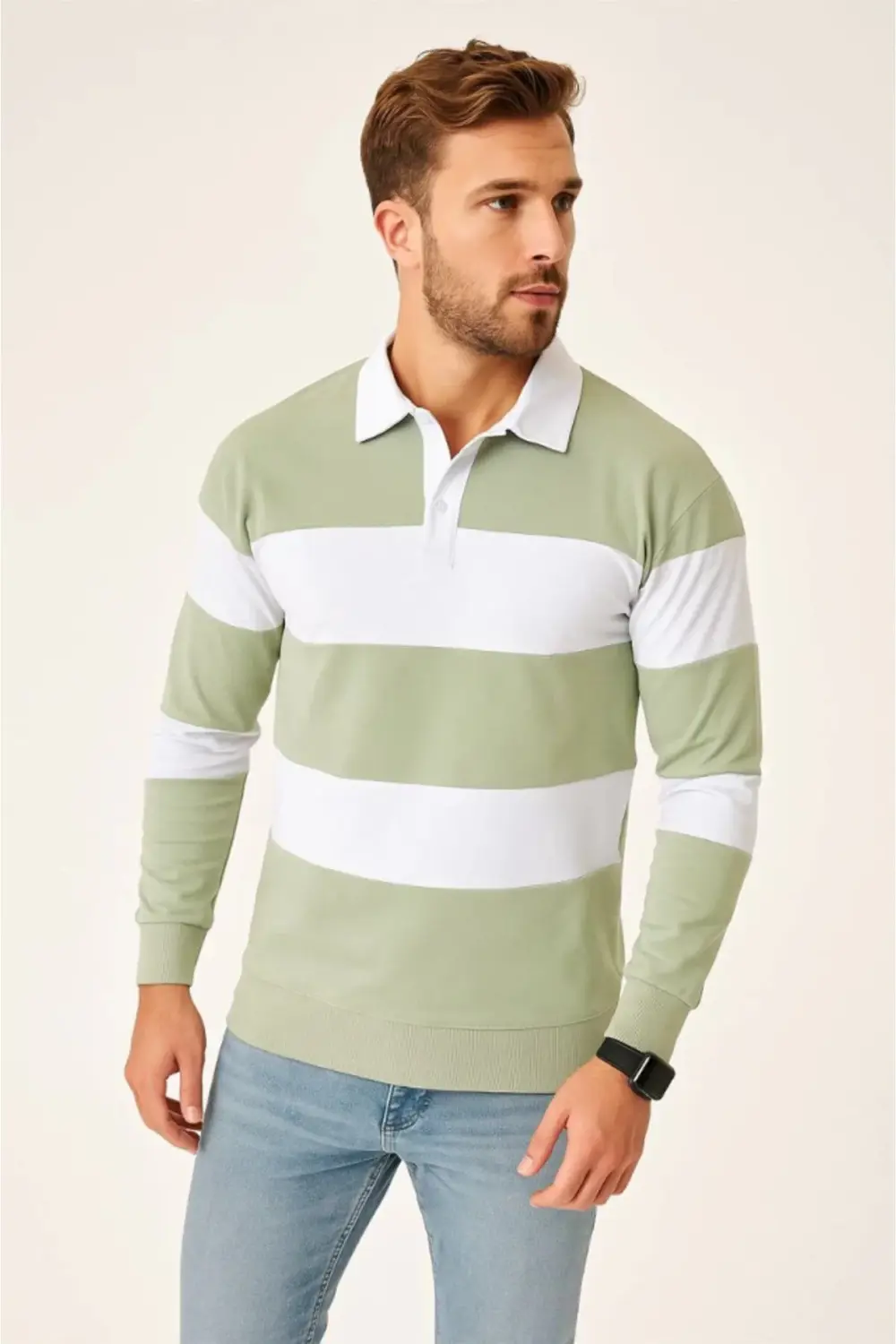 Erkek Polo Yaka Uzun Kollu Çizgili Sweatshirt Trend Rugby Stil -