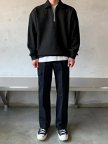 Erkek Polo Yaka Yarım Fermuarlı Sweatshirt SİYAH