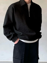 Erkek Polo Yaka Yarım Fermuarlı Sweatshirt SİYAH