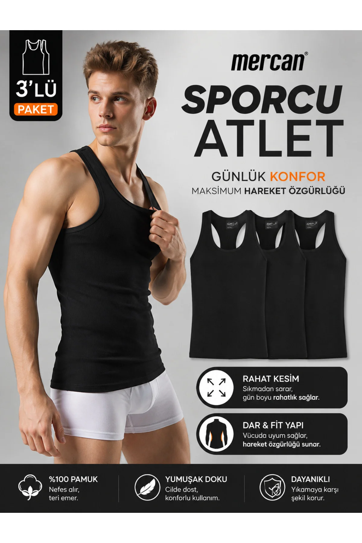 Erkek Rambo Sporcu Atlet 3'lü Seri Siyah Fiyatı, Yorumları ve Özellikleri