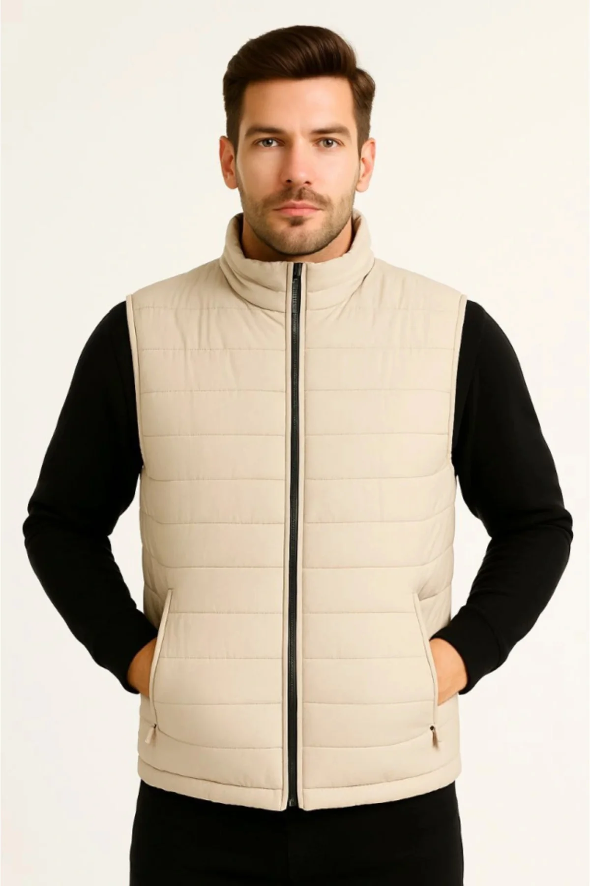 Erkek Şişme Fermuarlı Yelek Su Itici Kapitone Astarlı Kumaş Cepli