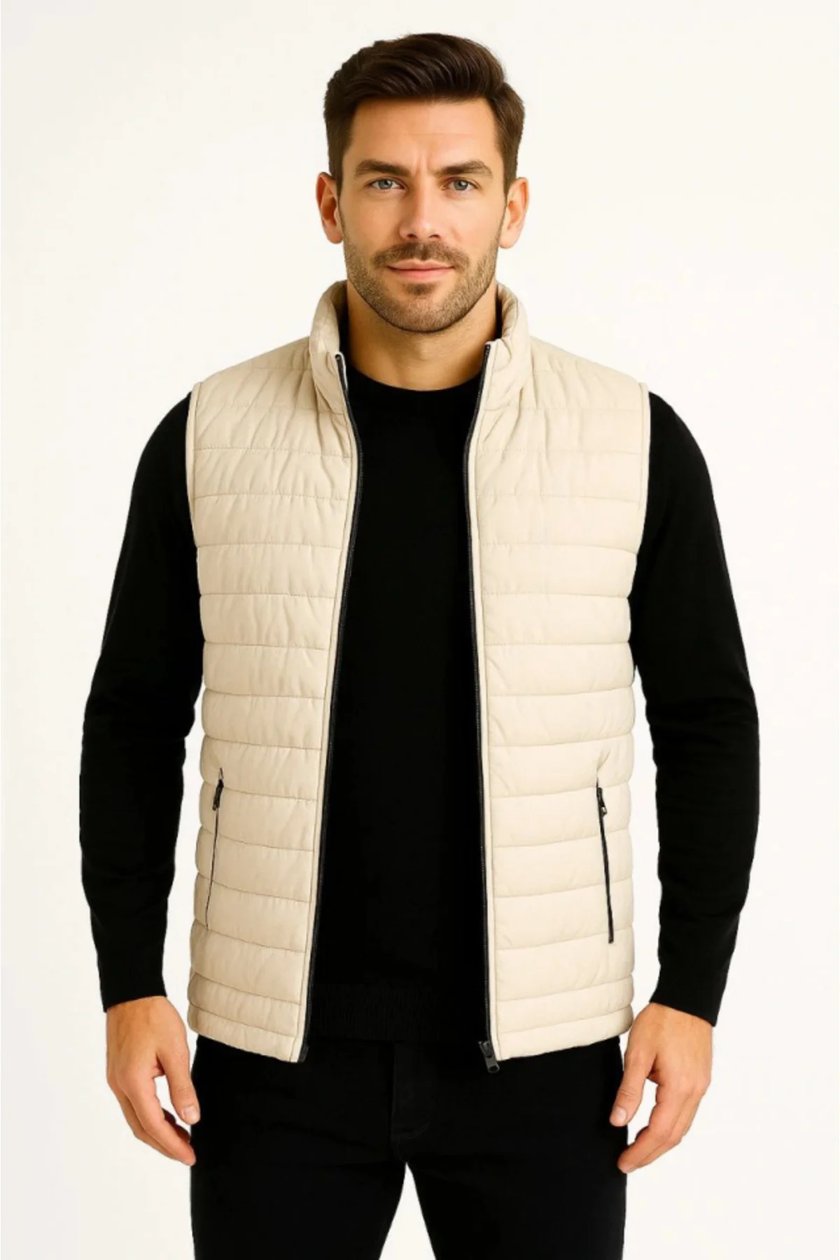 Erkek Şişme Fermuarlı Yelek Su Itici Kapitone Astarlı Kumaş Cepli
