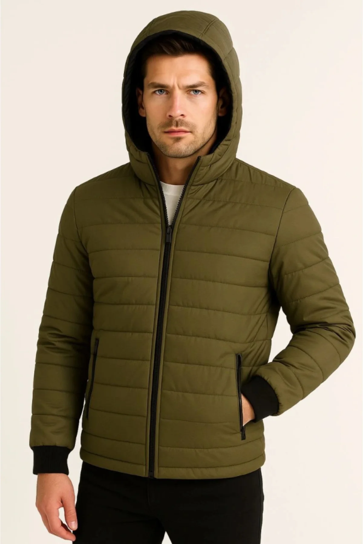 Erkek Şişme Kapüşonlu Fermuarlı Mont Su Itici Kapitone Astarlı Ku