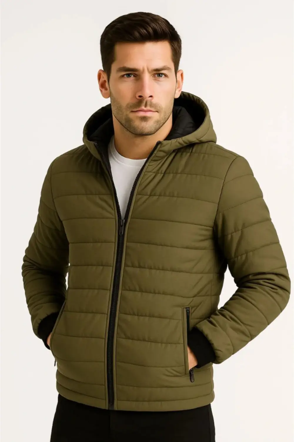 Erkek Şişme Kapüşonlu Fermuarlı Mont Su Itici Kapitone Astarlı Ku