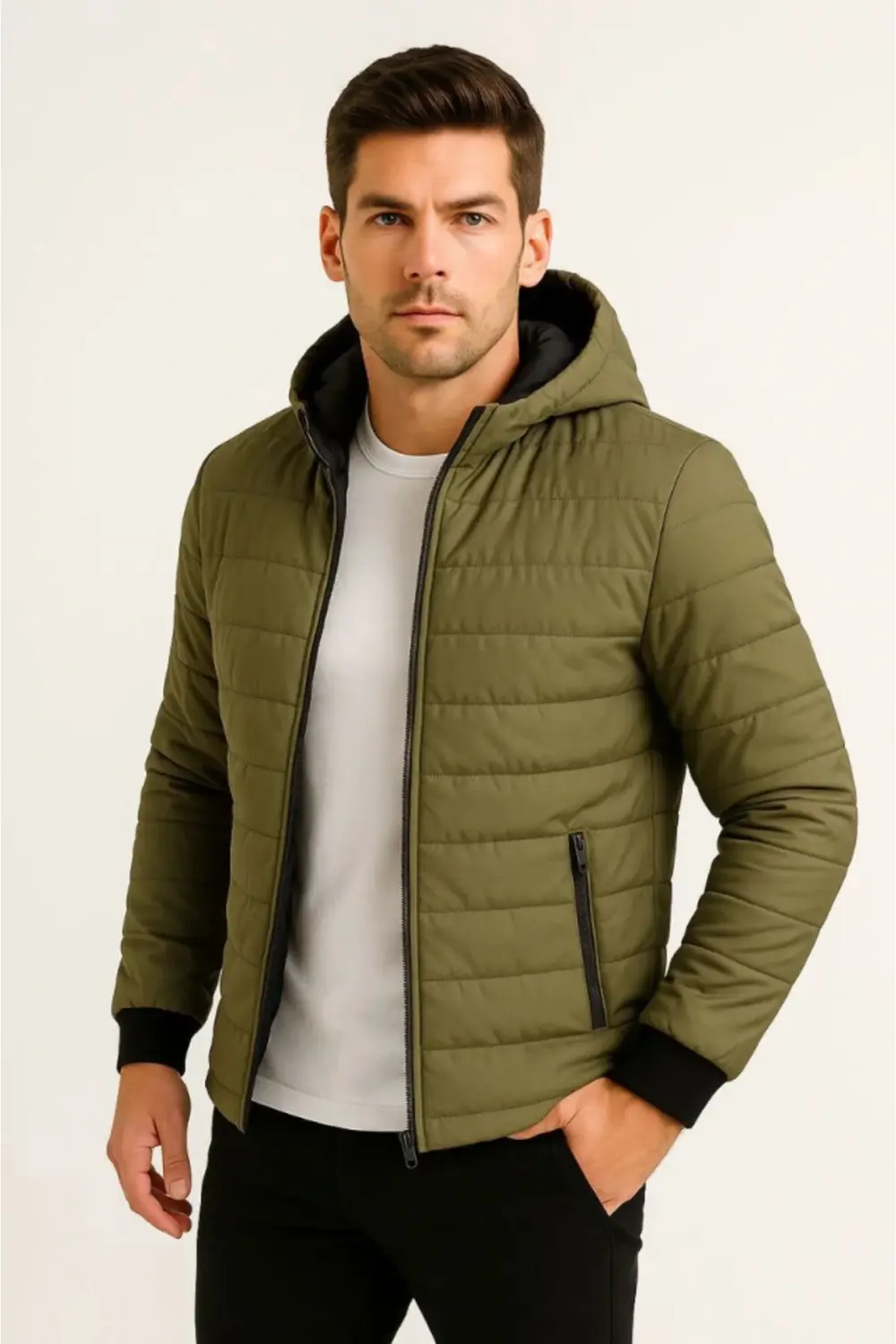Erkek Şişme Kapüşonlu Fermuarlı Mont Su Itici Kapitone Astarlı Ku