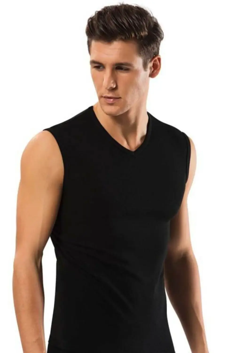 Erkek Siyah 3'lü Paket Pamuk Kolsuz V Yaka T-shirt