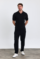 Erkek Siyah Slim Fit Çizgili Esnek Nefes Alan Polo Yaka Triko T-s
