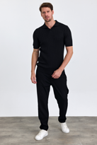 Erkek Siyah Slim Fit Çizgili Esnek Nefes Alan Polo Yaka Triko T-s