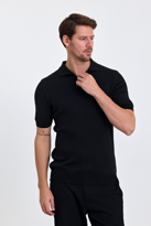Erkek Siyah Slim Fit Çizgili Esnek Nefes Alan Polo Yaka Triko T-s