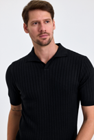 Erkek Siyah Slim Fit Çizgili Esnek Nefes Alan Polo Yaka Triko T-s