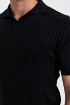 Erkek Siyah Slim Fit Çizgili Esnek Nefes Alan Polo Yaka Triko T-s