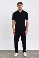Erkek Siyah Slim Fit Çizgili Esnek Nefes Alan Polo Yaka Triko T-s
